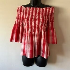 ZARA Off Shoulder Smocked Top Checkered Red and White size small EUC